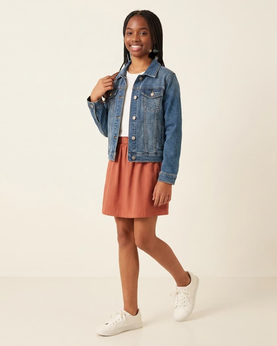 Modelo sintética pré-adolescente com jaqueta jeans e saia terracota